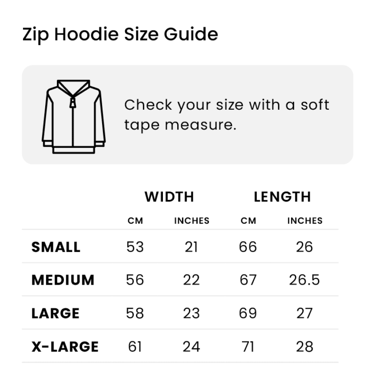Zip hoodie size guide